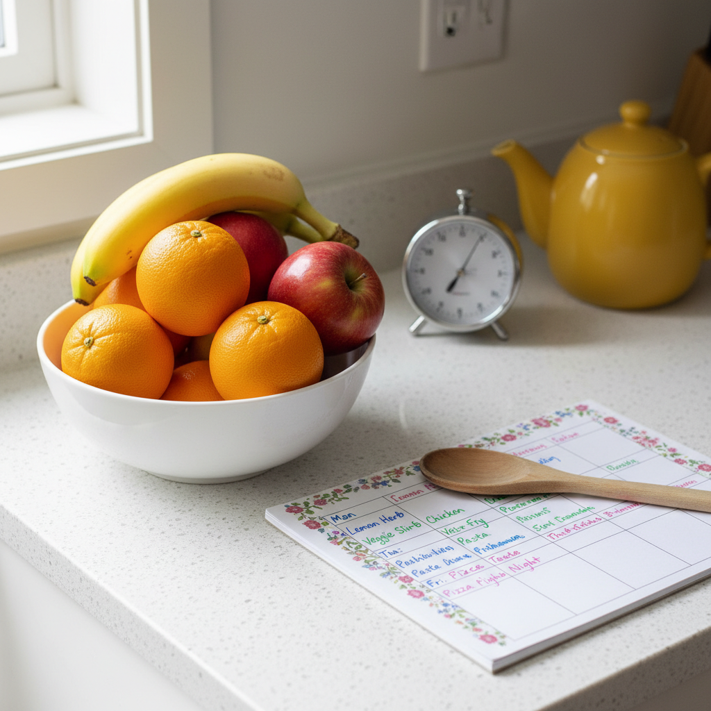 A neatly organized kitchen counter made of light speckled quartz, where a simple white ceramic fruit bowl overflows with bright oranges, glossy red apples, and a single bunch of bananas. Next to it sits an open weekly meal planner pad with colorful handwritten menu ideas and a well-used wooden spoon resting across the page. A stainless-steel timer with a retro design and a cheerful yellow ceramic teapot stand in the background. Soft, diffused daylight from an unseen window bathes the scene, creating minimal shadows and a fresh, airy feeling. Photographic realism, shot at eye level with a moderate depth of field so every object is crisp. The mood is optimistic and gently energetic, capturing the playful, practical side of planning nourishing meals around a busy work schedule.