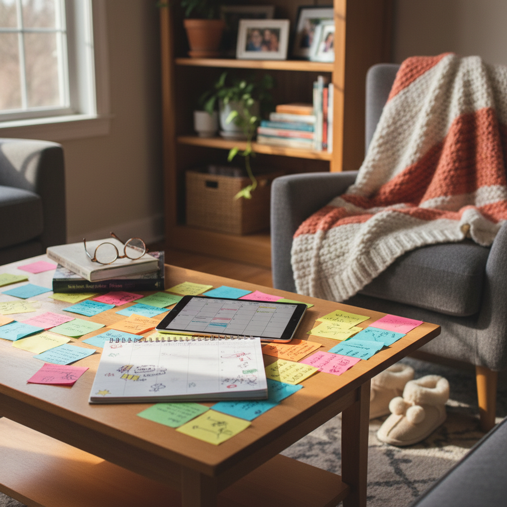 A cozy corner of a living room where a low, honey-colored wooden coffee table is covered with colorful sticky notes, an open planner with doodles in the margins, and a tablet displaying a calendar view. Beside it, a thick knitted throw blanket in playful coral and cream stripes is draped over the arm of a soft gray armchair, with a pair of fluffy slippers tucked neatly underneath. Late afternoon light pours through a nearby window, creating pockets of brightness on the table and leaving the rest of the room in gentle shadow. The camera captures the scene from a slightly elevated angle, photographic realism style, with sharp focus on the table and a subtle bokeh on the background bookshelf. The mood is relaxed and playful, evoking the balancing act of family life and weekly planning.